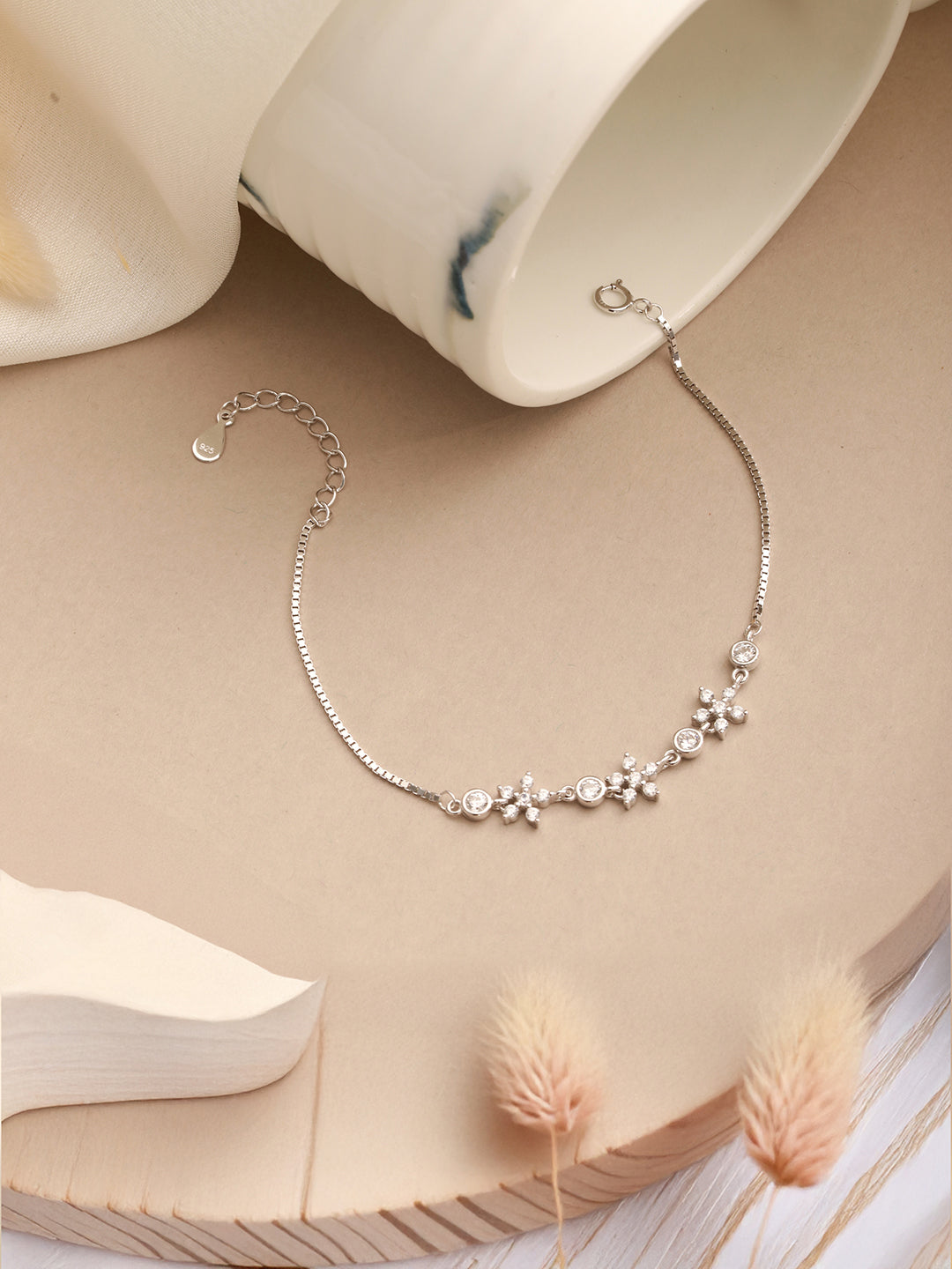 925 Sterling Silver Zircon Studded Floral Minimal Wraparound Adjustable Bracelet